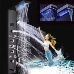 Prossimagen Shower Panel Matte Black Adition 6 in One Thermostate shower System Body Spray Handheld Shower, Wall Mount Easy Connect Shower Panel Temperature Display Brush Black Stainless Steel 304-12