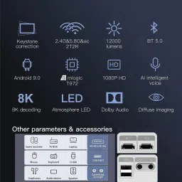 Projevox New Prizma-Vision Android 9.0 Full HD 2/16GB 5G WiFi/BT 5.0 Voic Control Remote (12000 lm / 2 Speaker / Wireless / Remote Controller) Portable Projector image 2