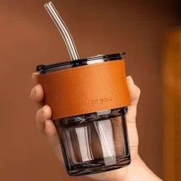 Glass Cup Black 400ml with Straw & Lid Glass Coffee Mug-image-37