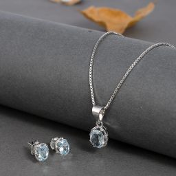 Femme Jam Platinum 925 Sterling Silver Natural Blue Topaz Gemstone Jewellery Set for Women & Girls Topaz Earring & Pendant Set-image-5