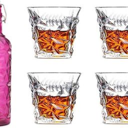 Bottle & 4 Glass Serving Lemon Set, Pink, Clear, Glass - A768 Jug Bottle Glass Set-27