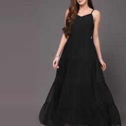 Women Fit and Flare Black Knee Length Dress-image-29