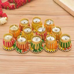 Decorative Tealight Candle Holders | Fancy Diya Pot Design for Diwali, Weddings Wooden 12 - Cup Tealight Holder Set-image-94