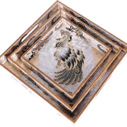 Wooden Grey Peacock Square Serving Tray Set For Home, Kitchen & Restaurant Tray-image-7