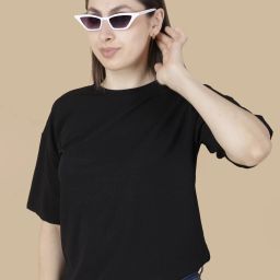 Women Self Design Round Neck Wool Blend Black T-Shirt-image-3