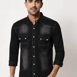 Men Regular Fit Washed Spread Collar Casual Shirt-image-4