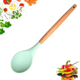 Silicone Wooden Handle Spoon BPA-Free & Heat Resistant up to 445°F (Green, 1 Pc) Silicone Serving Spoon-33