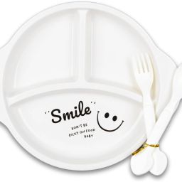 Pack of 3 PP (Polypropylene) Round Smile Polypropylene Kids Lunch Plate 3in1 Dinner Tray with Utensil Set Dinner Set-image-26