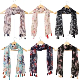 Floral Print Chiffon Women Multicolor Scarf, Stole, Fancy Scarf-image-52