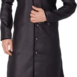 VM VM by Vastramay Men's Black Cotton Blend Sherwani Set Self Design Sherwani-image-84
