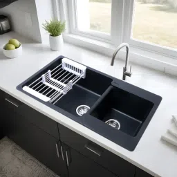 Quartz Premium Black Double Bowl Kitchen Sink | 34 x 20 x 9 Inches | Natural Black Granite Stone Matt Finish Drop-In Double Bowl Sink Vessel Sink-image-49