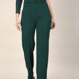 Women Regular Fit Dark Green Polyester Trousers-image-1