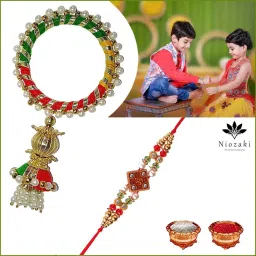 niozaki Bhaiya Bhabhi CHUDA-OM2 Pearl, Kundan, Gold Finish, Mauli Thread Rakhi, Lumba, Bracelet, Chawal Roli Pack Set image 4