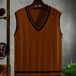 Men Self Design V Neck Brown Sweater-image-91