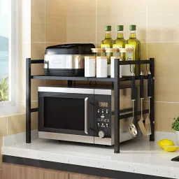 Utensil Kitchen Rack Microwave Shelf Stand With Hanging Hooks|Kitchen Counter Shelf Organizer (Black) Carbon Steel-image-2