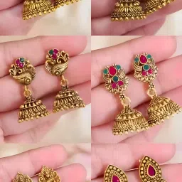 - Set of 6 GOLD Meenakari Earrings for Women / Girls Zircon, Ruby Alloy Chandbali Earring, Drops & Danglers, Jhumki Earring, Stud Earring-image-74