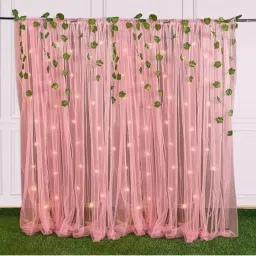 Solid Pink Wall Backdrop Net Decoration Kit with Artificial Leaf Vines and Led Balloon-23