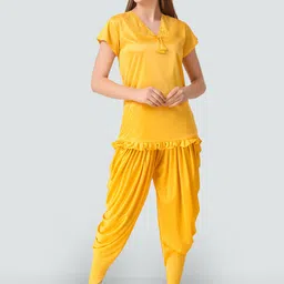 Romaisa Women Yellow Solid Satin Regular length Top with Pyjama-17