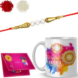 Designer Rakhi with mug_NAADN3906 Gold Finish Rakhi, Chawal Roli Pack, Greeting Card, Mug Set-7