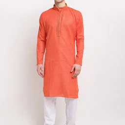 Jompers Men Red & White Woven Design Pure Cotton Kurta with Pyjamas-picture-6