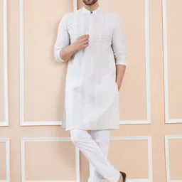 See Designs Striped Mandarin Collar Dupion Silk Straight Kurta With Pyjamas-picture-23