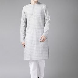 See Designs Men White & Grey Printed Pure Cotton Kurta with Pyjama-3