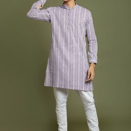 VASTRAMAY Boys Striped Band Collar Jacquard Pure Cotton Straight Kurta with Pyjamas-20