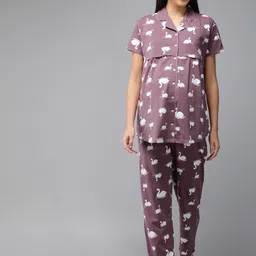 Zeyo Women Mauve & White Pure Cotton Printed Maternity & Feeding Pyjama Set-3