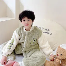 StyleCast Boys Green & White Self Design Stand Collar Jacket with Joggers-image-75