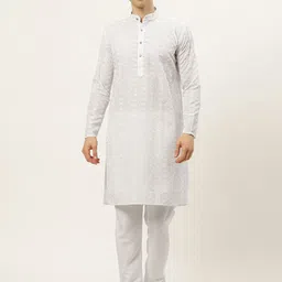 Jompers Men White Floral Embroidered Thread Work Pure Cotton Kurta with Pyjamas-picture-17