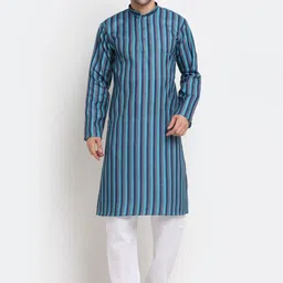 KRAFT INDIA Men Blue Striped Regular Pure Cotton Kurta with Pyjamas-picture-32