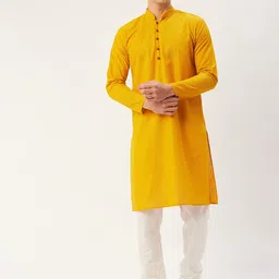 Jompers Men Mustard Yellow Chikankari Pure Cotton Kurta with Pyjamas-image-86