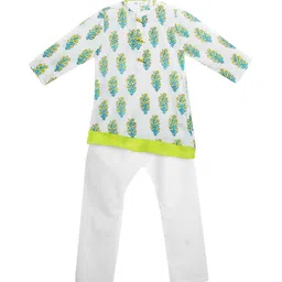 SAKA DESIGNS Boys White & Lime Green Ethnic Motifs Printed Pure Cotton Kurta with Pyjamas-35