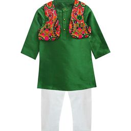 A T U N Boys Green Embroidered Paisley Kurta with Pyjamas-picture-16