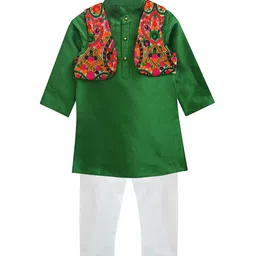 A T U N Boys Green Regular Kurta with Pyjamas with Embroidered Jacket-image-68
