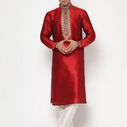 LAGAAV Men Red Embroidered Raw Silk Kurta with Pyjamas-picture-57