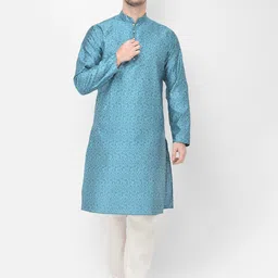 SG LEMAN Men Turquoise Blue Ethnic Motifs Raw Silk Kurta with Pyjamas-picture-54