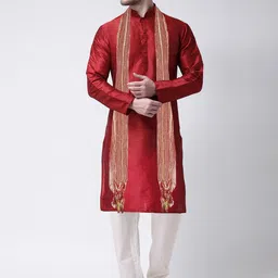 SG LEMAN Men Maroon Embroidered Raw Silk Kurta with Pyjamas-53