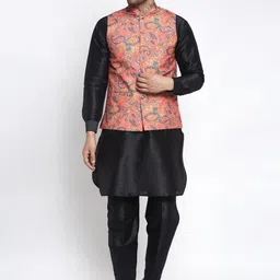 Kaifoo Men Black Kurta & Pyjamas With Printed Nehru Jacket-image-75
