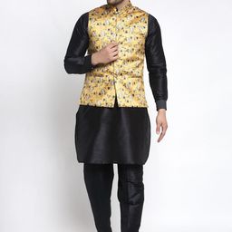 Kaifoo Men Black Floral Layered Kurta with Pyjamas-picture-16