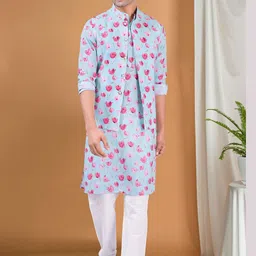 SHIWAM ETHNIX Floral Printed Mandarin Collar Regular Kurta With Pyjamas With Jacket-image-10