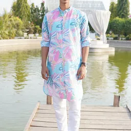 SHIWAM ETHNIX Floral Printed Mandarin Collar Straight Kurta With Pyjamas-picture-48