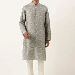 TheEthnic.Co Woven Design Mandarin Collar Regular Kurta with Pyjamas-7