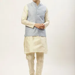 Jompers Men Cream-Coloured Dupion Silk Kurta with Churidar & Nehru Jacket image 1