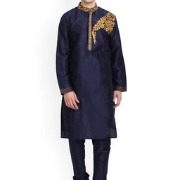 Enciger Men Navy Blue Floral Thread Work Dupion Silk Kurta with Pyjamas-image-5