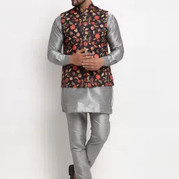 Benstoke Men Grey Floral Embroidered Dupion Silk Kurta with Pyjamas-picture-4
