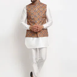 Benstoke Men White Dupion Silk Kurta Pyjama and jacket-picture-26