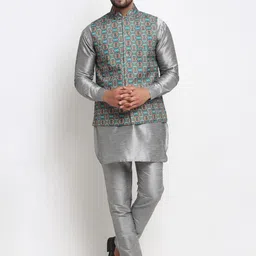 Benstoke Men Grey Floral Dupion Silk Kurta With Pyjamas & Nehru Jacket Set image 1