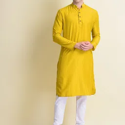 NAMASKAR Men Mustard Yellow Reyon Solid Kurta with Churidar-image-14