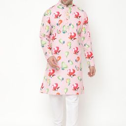 Hangup Men Pink Printed Kurta with Pyjamas-1